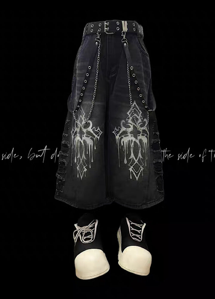 【Miub】Double print design washed side damaged denim shorts  MB0005