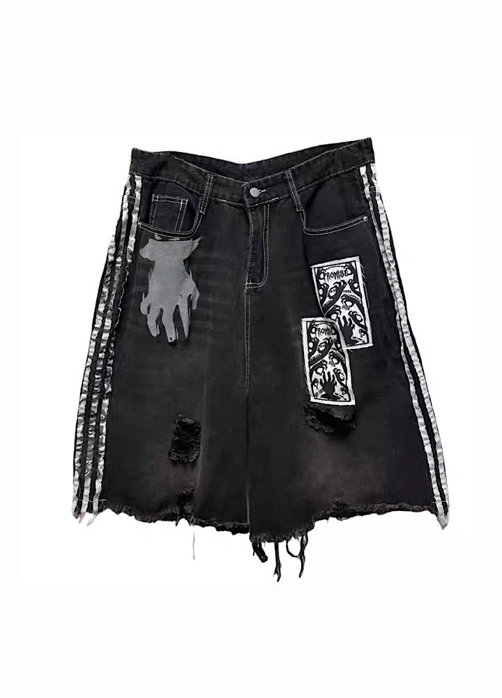 【Miub】Sideline Monotone Break Damage Punk Half Denim Pants  MB0008