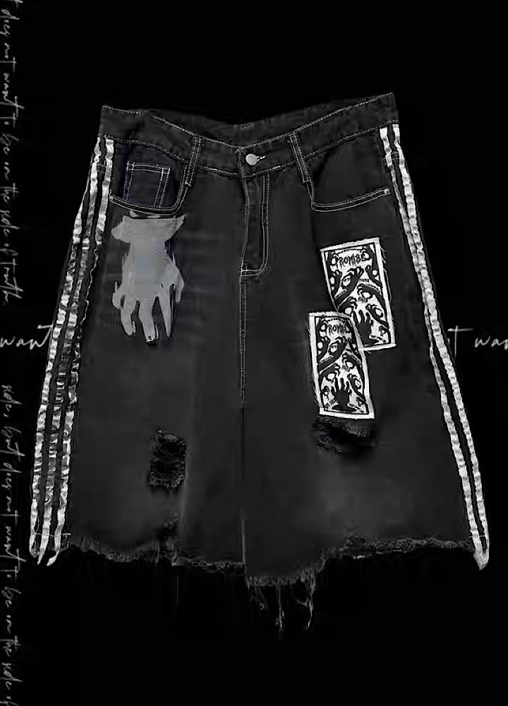【Miub】Sideline Monotone Break Damage Punk Half Denim Pants  MB0008