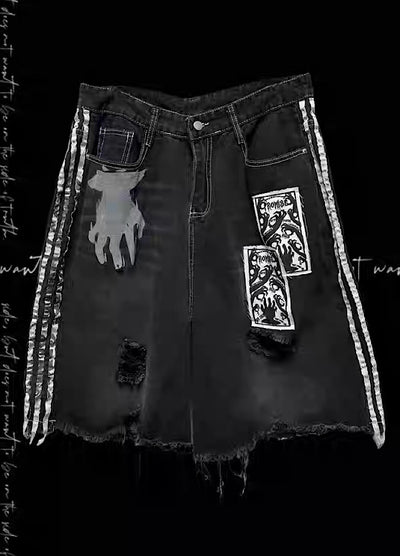 【Miub】Sideline Monotone Break Damage Punk Half Denim Pants  MB0008