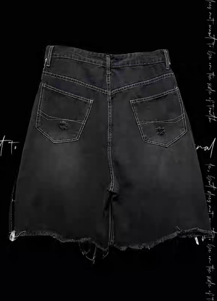 【Miub】Sideline Monotone Break Damage Punk Half Denim Pants  MB0008