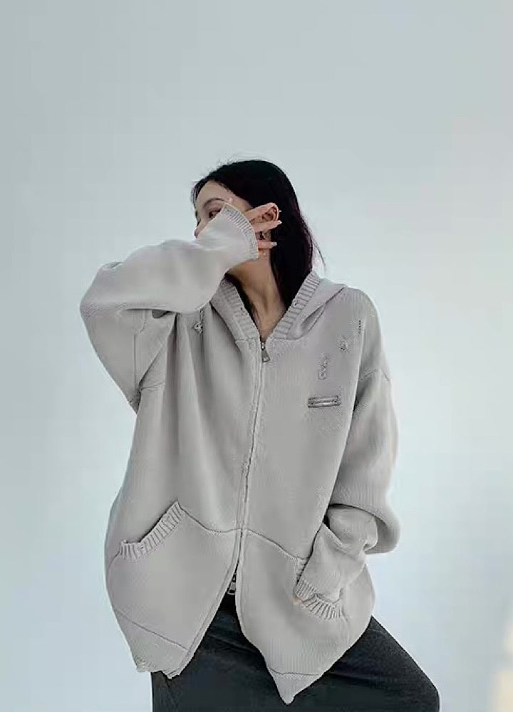 12/19新作】Double-zip mid-length distressed basic design knit