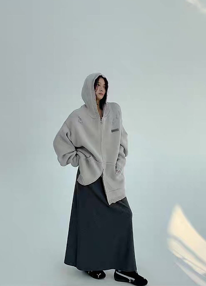 12/19新作】Double-zip mid-length distressed basic design knit