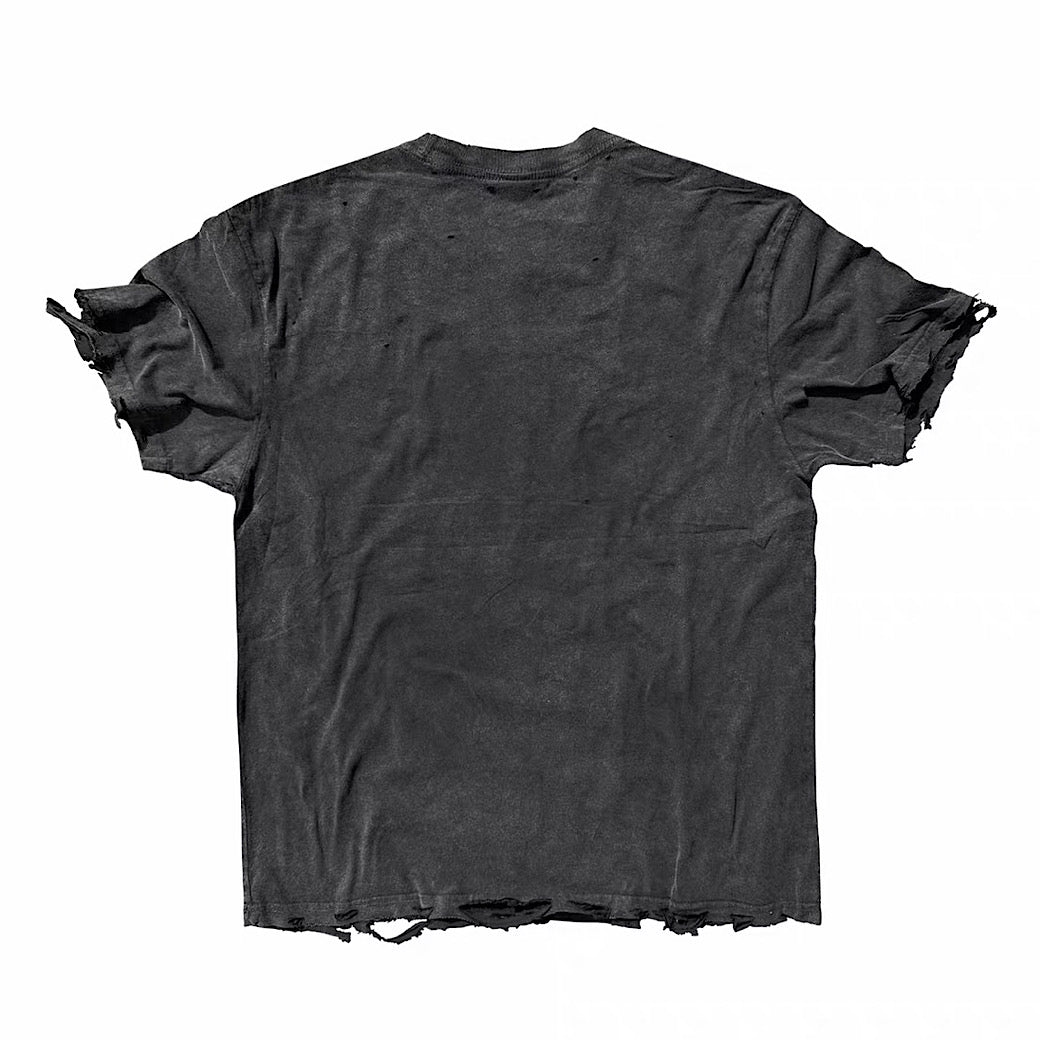 Mid-distressed vintage color cross punk print short-sleeved T