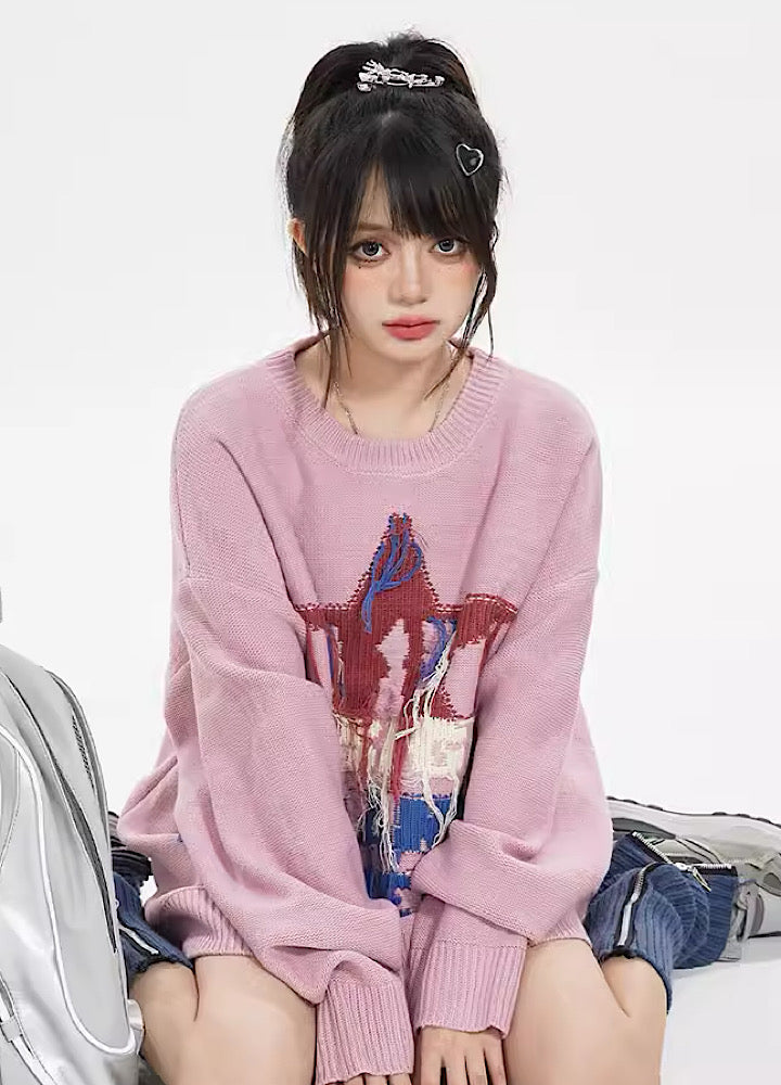 【TARASAER】Frayed star damage design vivid color knit  TS0015