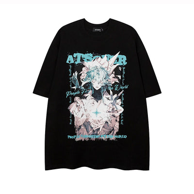 【7/14新作】Anime-style light blue color illustration design nerd style short-sleeved T-shirt  HL3296