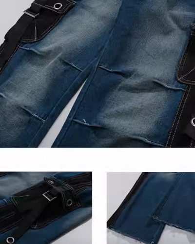 【NIUGULU】Side Black Lane Suspender Two Design Cargo Denim  NG0005