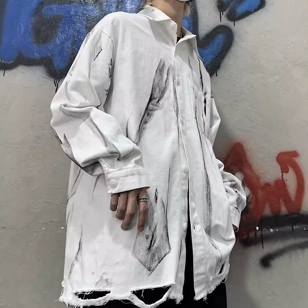 [9/25 new item] Monotone overall double color mid-damaged shirt HL2965