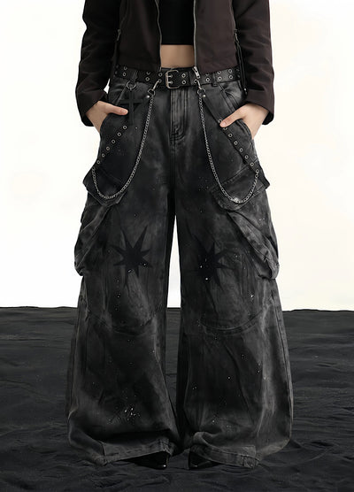 【Miub】Random paint splash finish dark gray wide silhouette asymmetrical cargo denim pants  MB0020