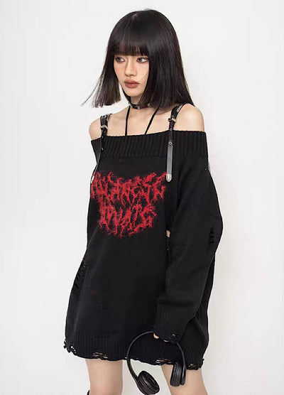 [ZERO STORE] Subculture initial frame design off shoulder knit sweater ZS0003