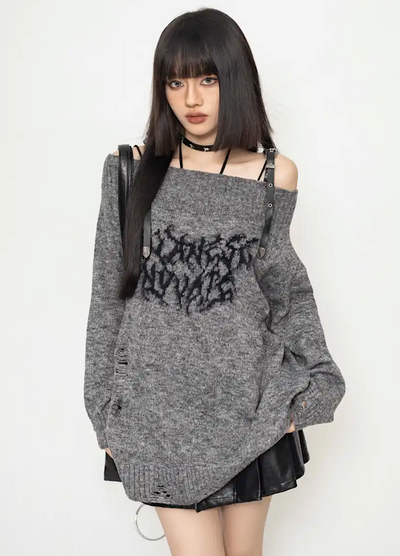 【ZERO STORE】Subculture initial frame design off shoulder knit sweater  ZS0003