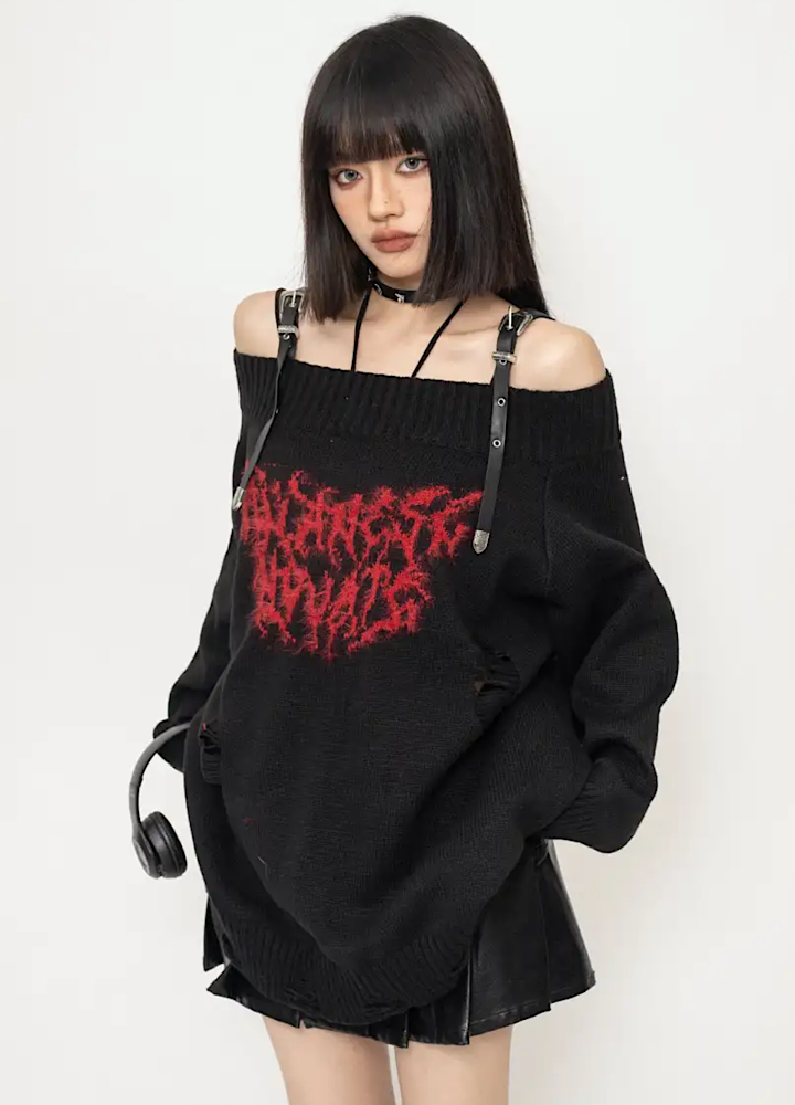【ZERO STORE】Subculture initial frame design off shoulder knit sweater  ZS0003