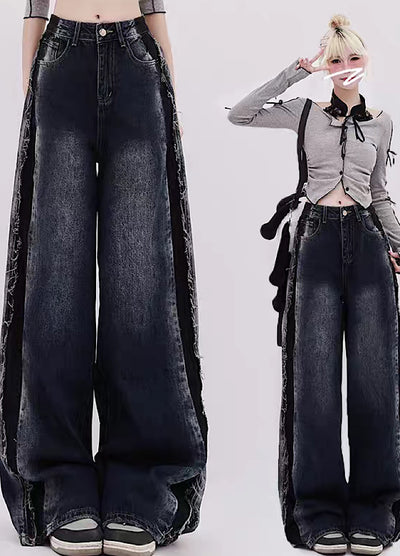【Rayohopp】Side fringe distressed vintage style denim pants  RH0094