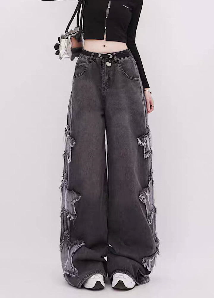Rayohopp] Side three damage star line wide denim pants RH0098 – HI 