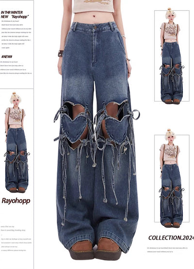 [Rayohopp] Heartbreak multi-design graphic denim pants RH0099