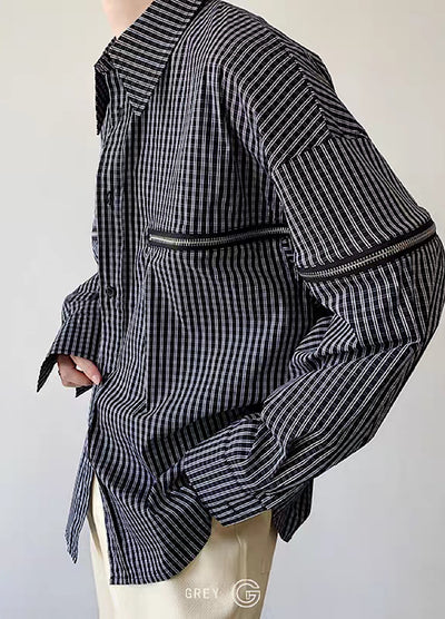 [GREY] Detailed plaid design zip pocket shirt GR0016
