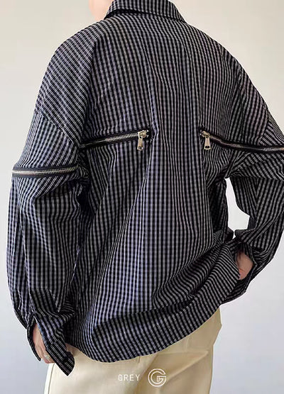【GREY】Detailed plaid design zip pocket shirt  GR0016