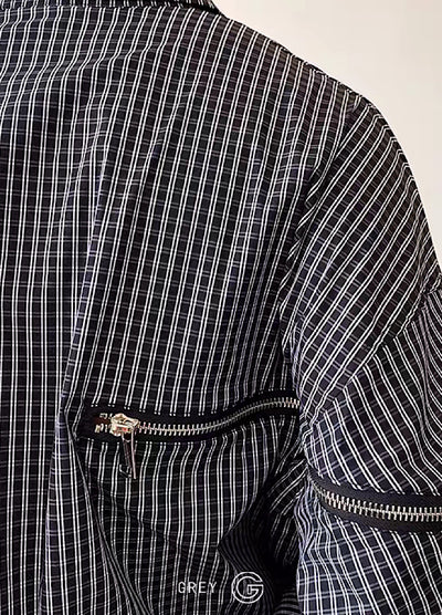[GREY] Detailed plaid design zip pocket shirt GR0016