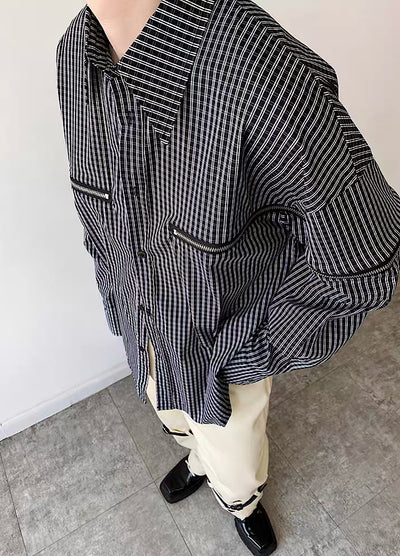 【GREY】Detailed plaid design zip pocket shirt  GR0016