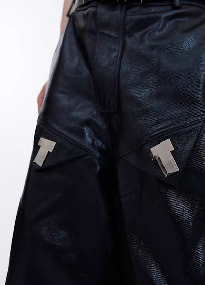 【Culture E】Silver attachment wide silhouette leather pants  CE0109