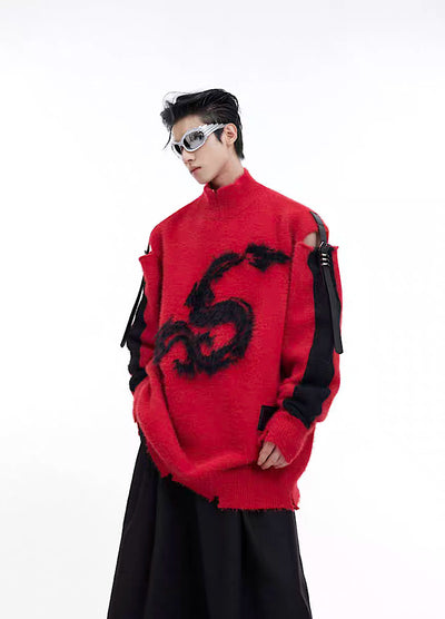 【Culture E】Dragon front design side gimmick overknit sweater  CE0111