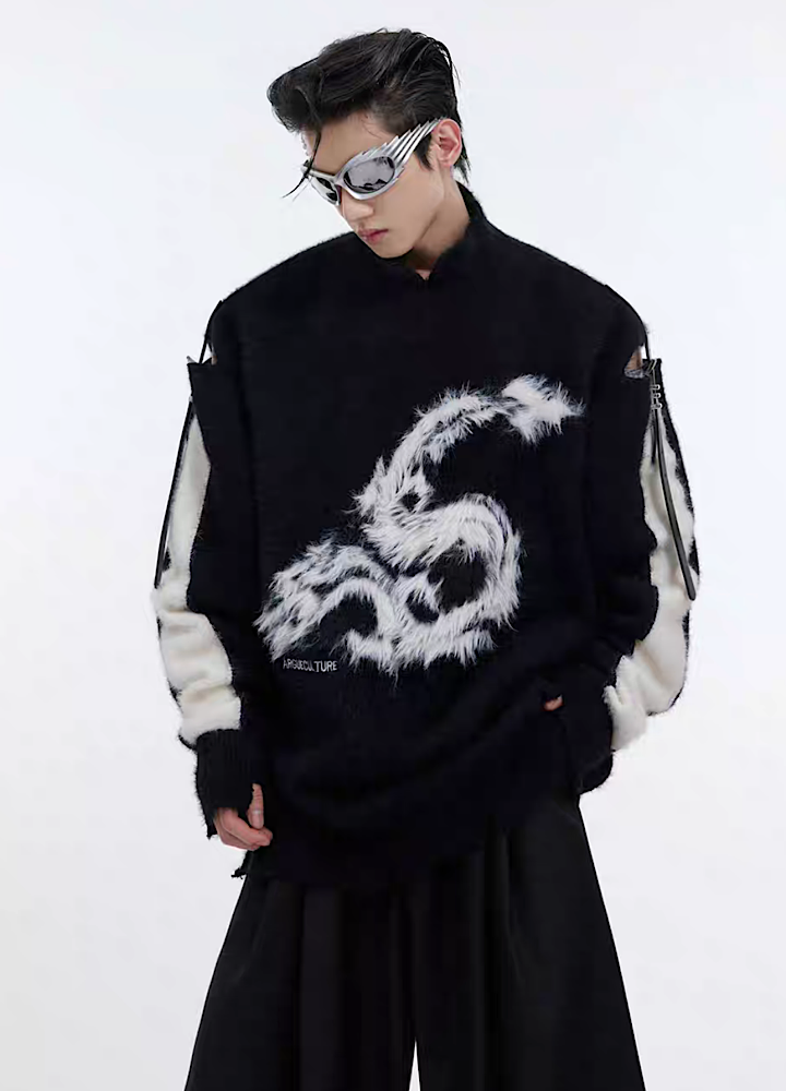 [Culture E] Dragon front design side gimmick overknit sweater CE0111