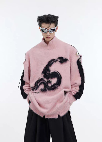 【Culture E】Dragon front design side gimmick overknit sweater  CE0111
