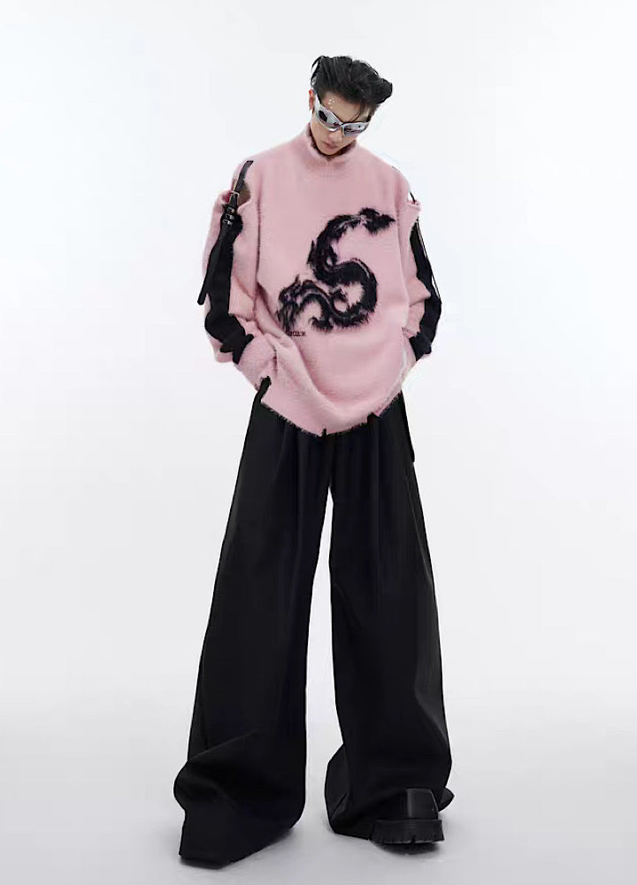[Culture E] Dragon front design side gimmick overknit sweater CE0111