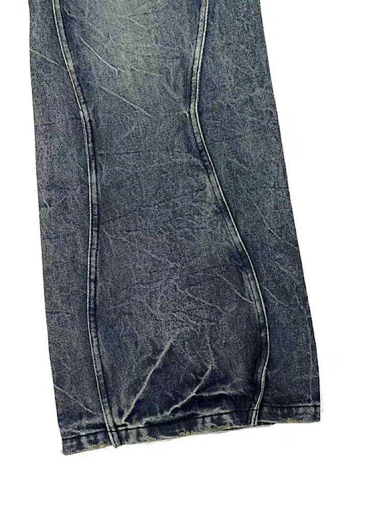 [FATEENG] Wave fringe distressed classic denim pants FG0011