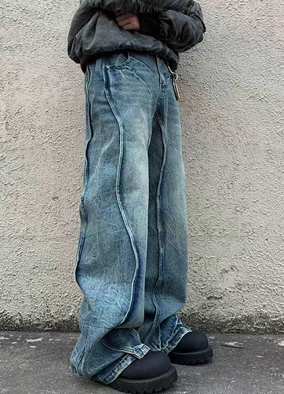 【FATEENG】Wave fringe distressed classic denim pants  FG0011
