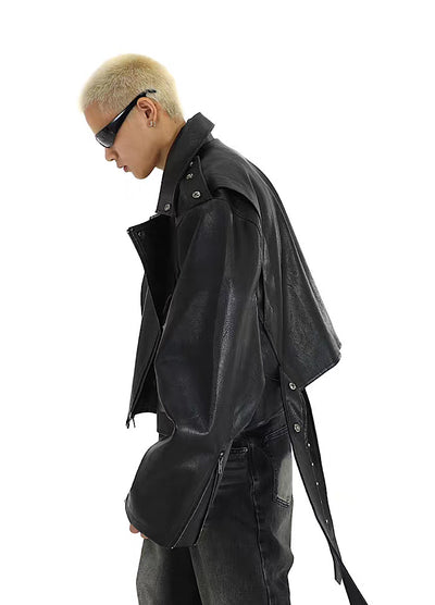 【MEBXX】Shoulder line silhouette belted leather jacket  MX0018