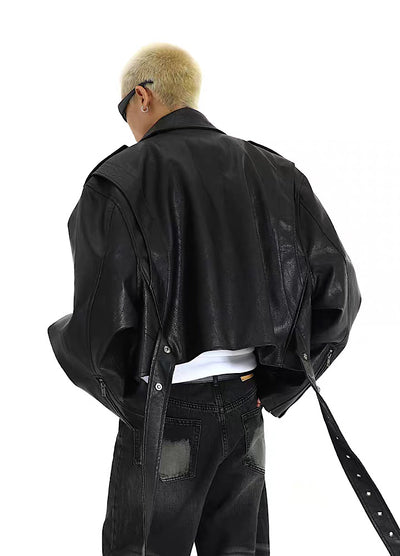 [MEBXX] Shoulder line silhouette belted leather jacket MX0018