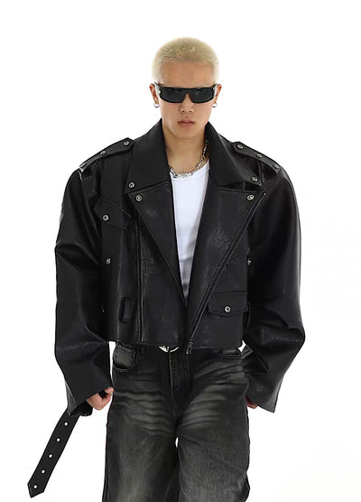 【MEBXX】Shoulder line silhouette belted leather jacket  MX0018