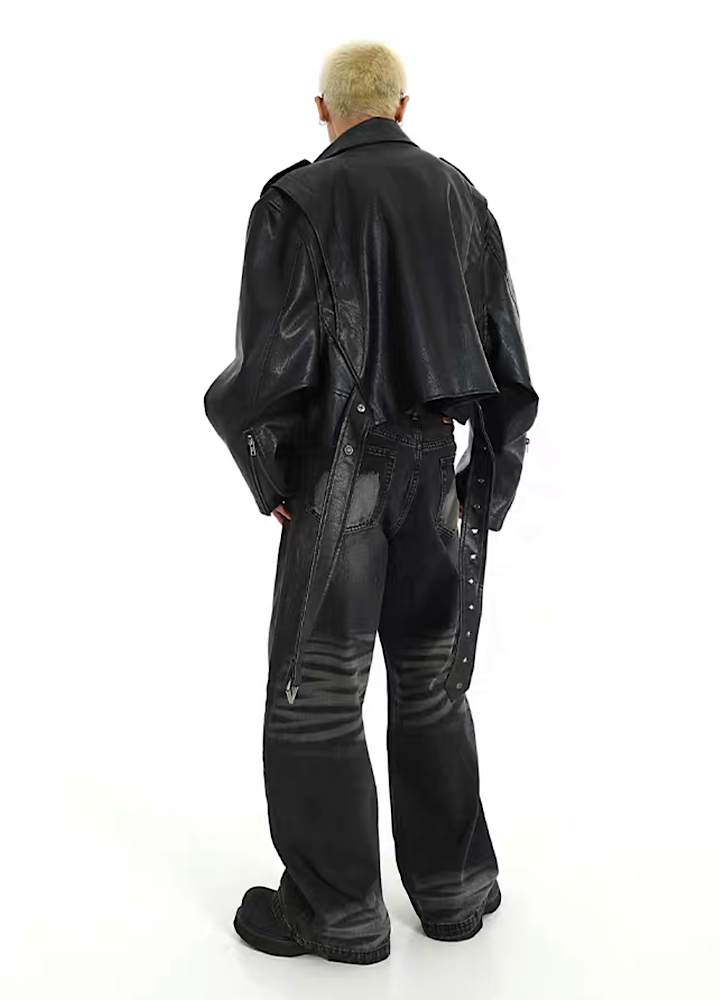 [MEBXX] Shoulder line silhouette belted leather jacket MX0018