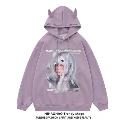 【NIHAOHAO】Devil Over Lady Design Pull Silhouette Hoodie  NH0089