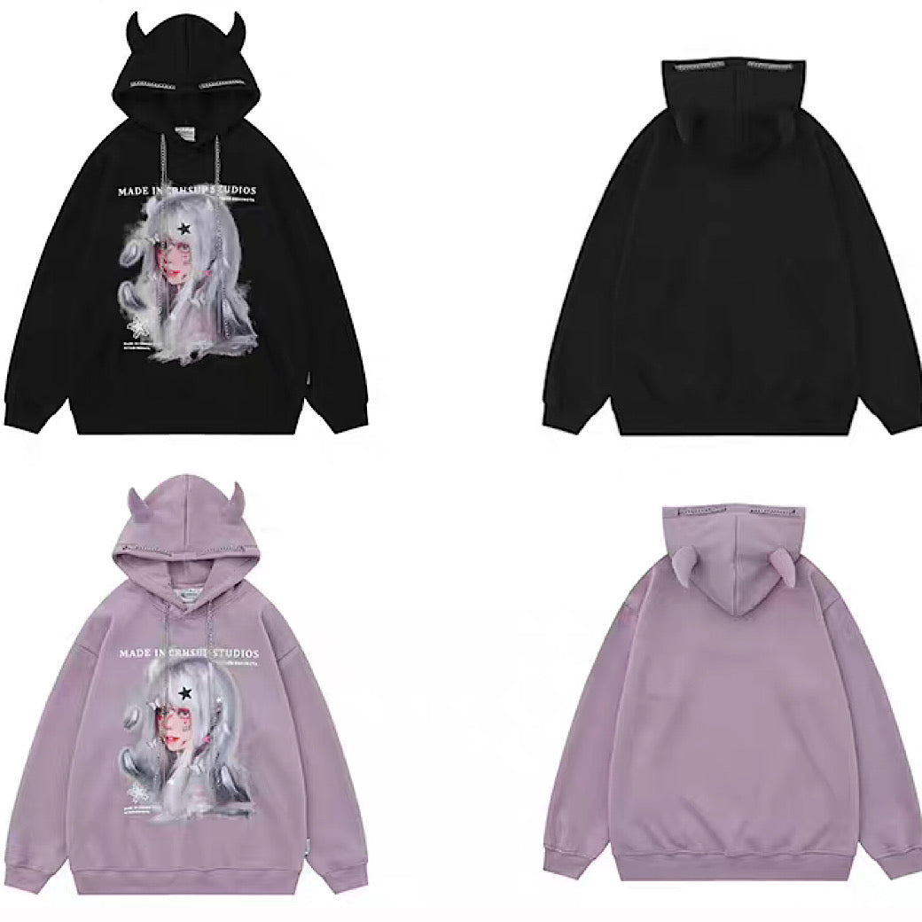 [NIHAOHAO] Devil Over Lady Design Pull Silhouette Hoodie NH0089