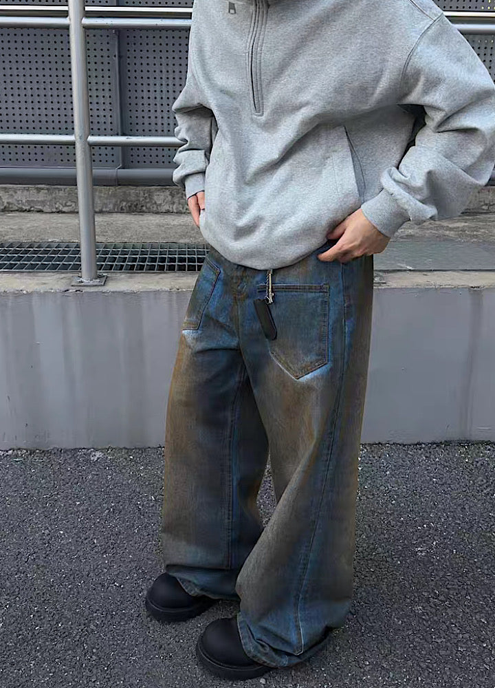 [FATEENG] Glittering washed unique wide denim pants FG0014