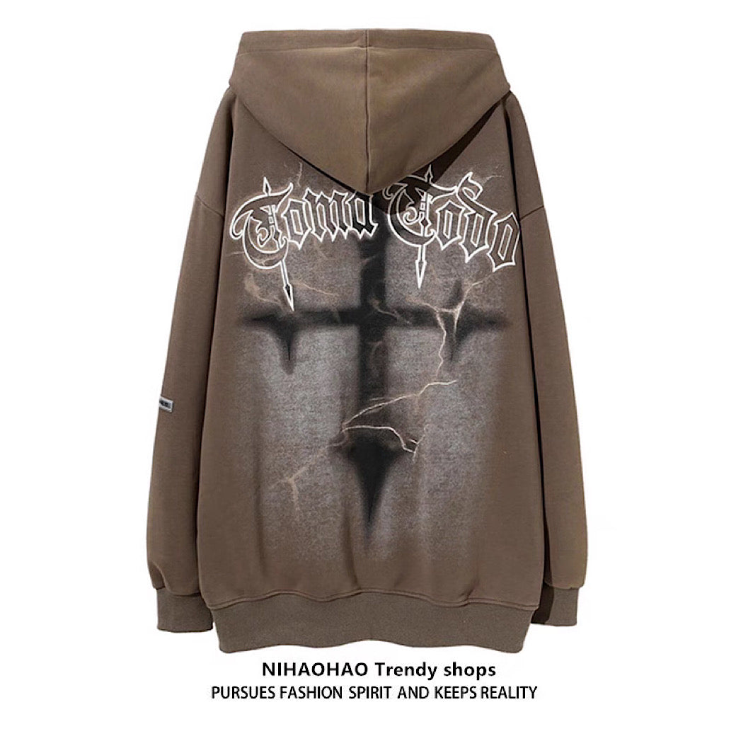 【NIHAOHAO】Big cross design dull washed over hoodie  NH0090