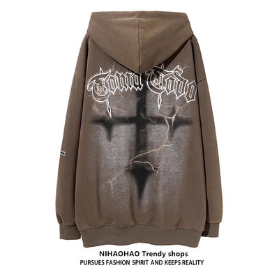 [NIHAOHAO] Big cross design dull washed over hoodie NH0090 