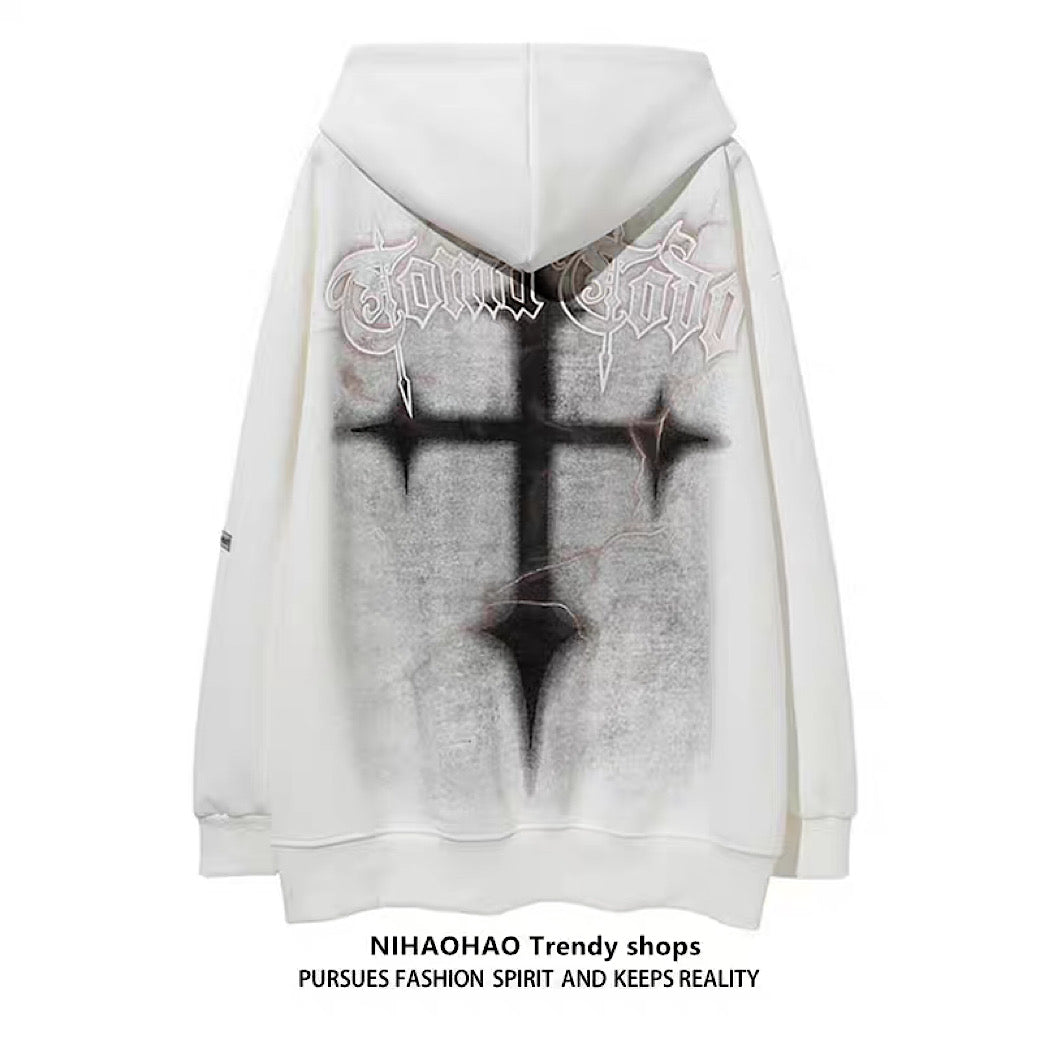 【NIHAOHAO】Big cross design dull washed over hoodie  NH0090
