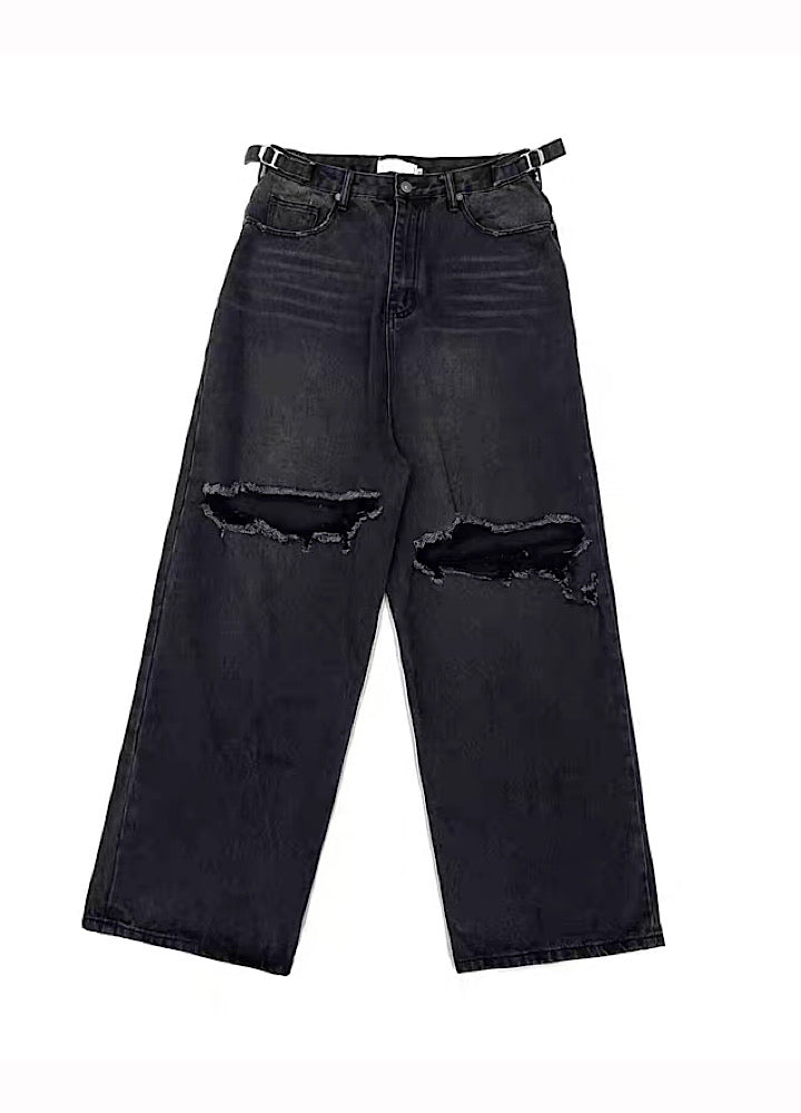 [FATEENG] Rough knee distressed vintage style denim pants FG0015