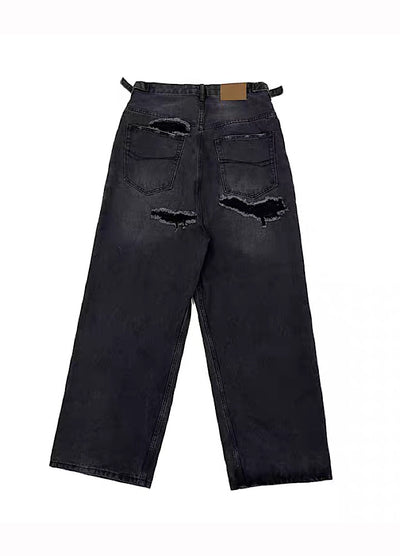【FATEENG】Rough knee distressed vintage style denim pants  FG0015