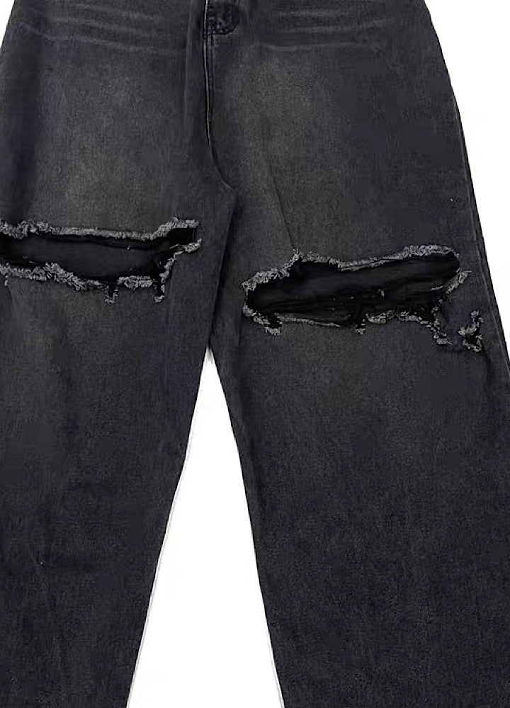 [FATEENG] Rough knee distressed vintage style denim pants FG0015