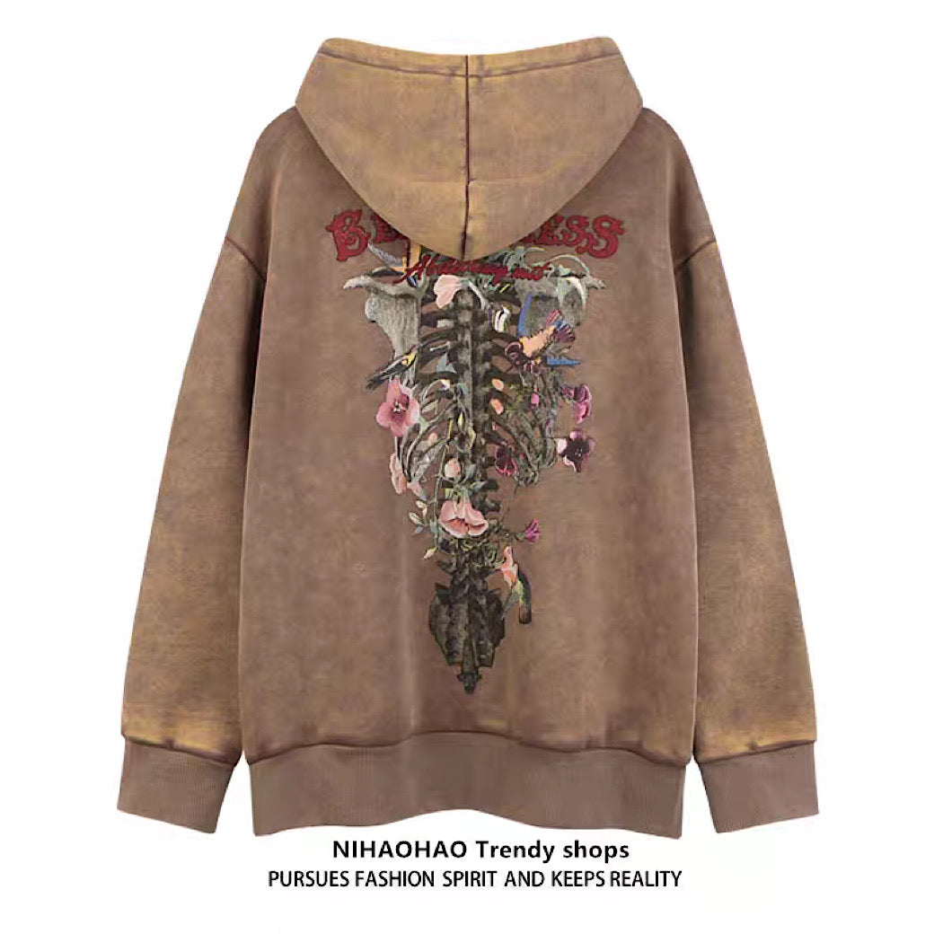 [NIHAOHAO] Bone and flower back print design dull hoodie NH0093