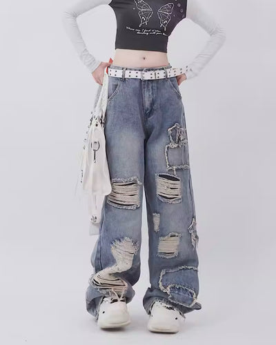 【Rayohopp】Overall crash damage design wide silhouette denim  RH0032