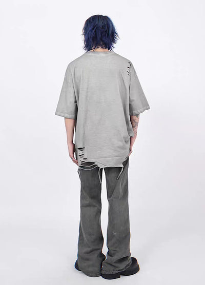 【Mz】High-damage hem graphic short sleeve T-shirt  MZ0018
