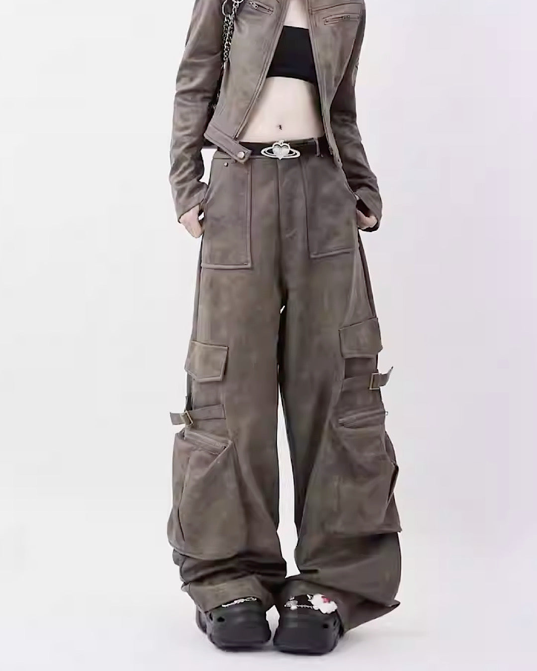 【Rayohopp】Dull dark brown color design cargo pants  RH0041