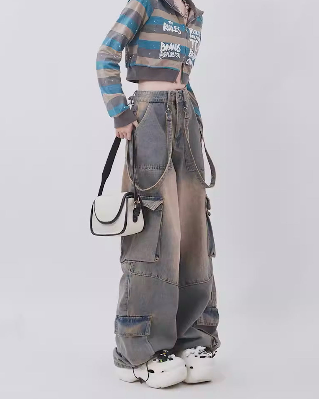 [Rayohopp]Mud-like graywashed suspender design denim RH0043