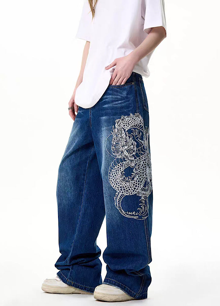 [H GANG X] Grade washed dragon silhouette design blue wide denim pants HX0021