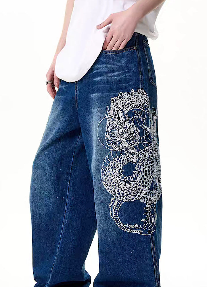 【H GANG X】Grade washed dragon silhouette design blue wide denim pants  HX0021